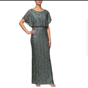 Alex Evenings Sequin Flutter Sleeve Blouson Long Gown Antique Green 8